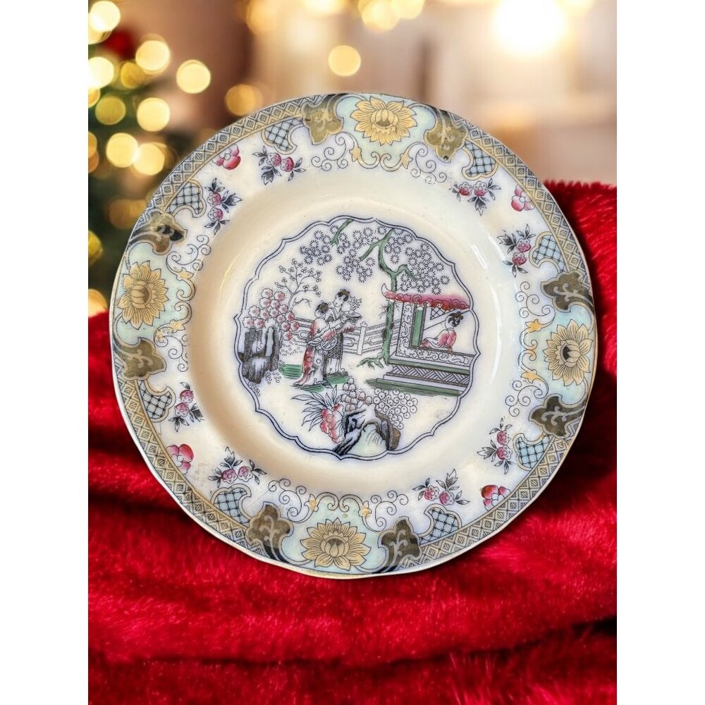 P. Regout & Co. Canton Porcelain 8.5" Plate Polychrome Chinese Tea House c.1860